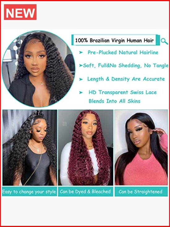 Deep Wave Lace Front Wigs Human Hair 200% Density Pre Plucked Glueless Curly main image 6